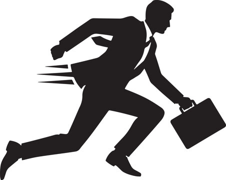 A black silhouette of a businessman in a suit running with a briefcase, representing speed, urgency, and a fast-paced corporate lifestyle
