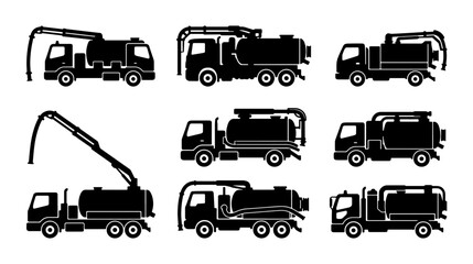 Concrete Pump Trucks, Cement Mixer Trucks, Construction Vehicles Collection Vector Icons © Anik