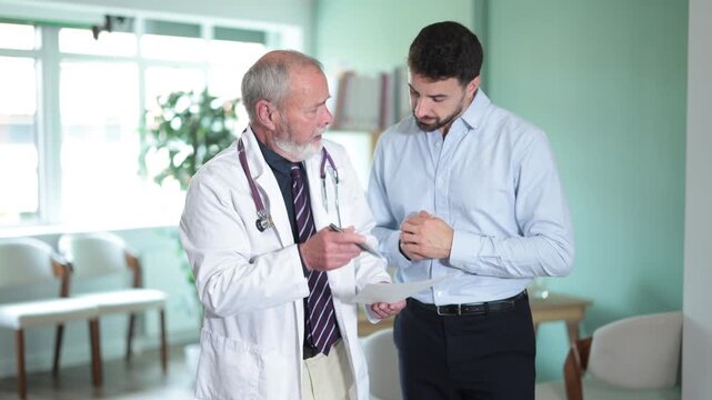 Senior male doctor and man patient examine papers, discuss medical tests result. Specialist interprets tests, tells you action plan to achieve goals of treatment.