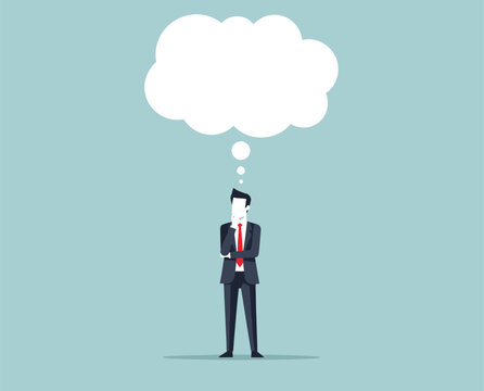 Businessman with thought bubble above head, deep thinking, problem solving, contemplation, decision making, idea generation, innovation concept.