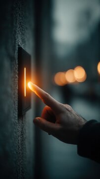 Someone is turning on the light on a wall with their finger