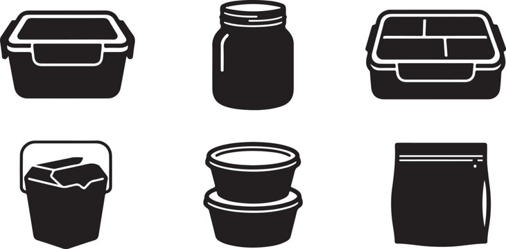Six black and white food storage containers and jars set Vector
