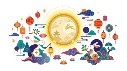 Mid-autumn festival celebration with jade rabbits and paper lanterns © Lunatix Studio