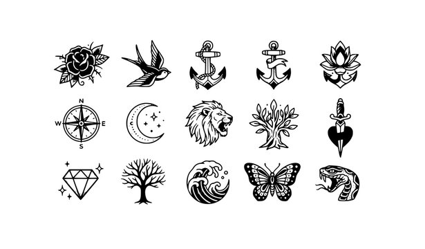 Traditional Tattoo Flash Icons Set | Old School Tattoo Vector Collection