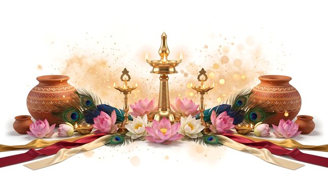 Traditional Indian festive decoration with brass oil lamps lotus flowers and clay pots on white background.