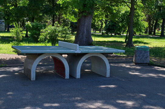 Spring forest, green meadows and an asphalt playground with a marble tennis table in Zaimov Park, Sofia, Bulgaria 