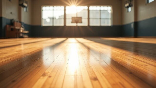 empty gymnasium hardwood court dramatic sunlight geometric shadows low angle clean wood surface for athletic advertising