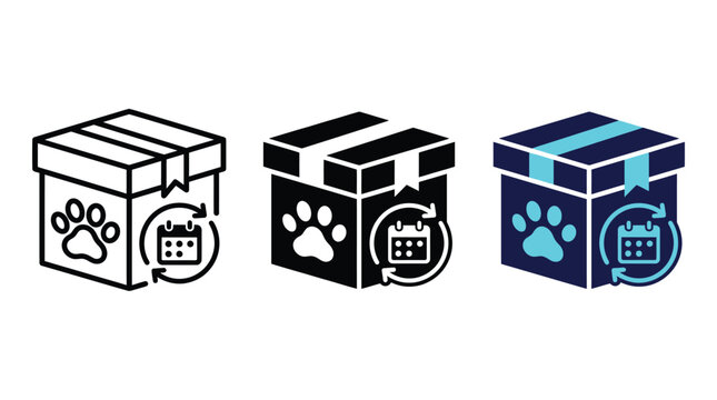 Pet subscription box delivery service with scheduled recurring shipments icon set.