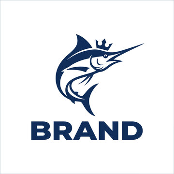 Crowned swordfish logo with bold brand text.