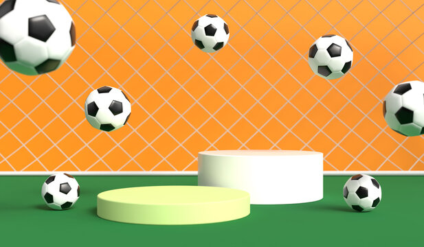 3D Render Soccer Balls Product display stage. Football background illustration	