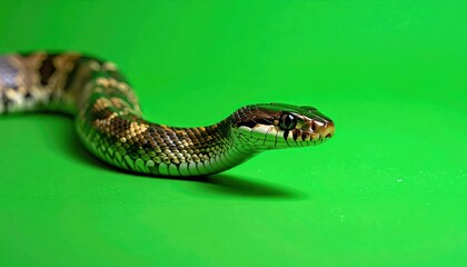 Obraz premium Patterned Brown Snake Crawling Across Bright Green Studio Background