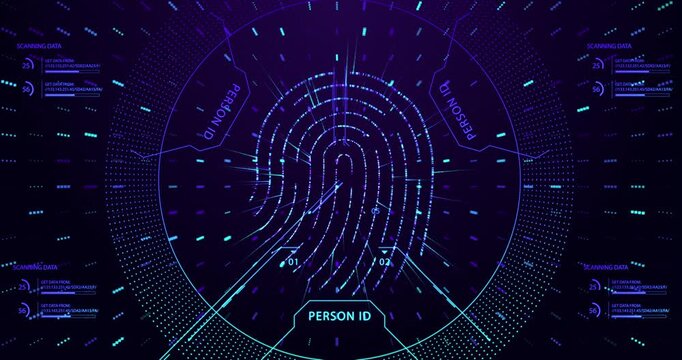 A glowing digital fingerprint is scanned on a futuristic blue interface surrounded by data readouts and circular grids.