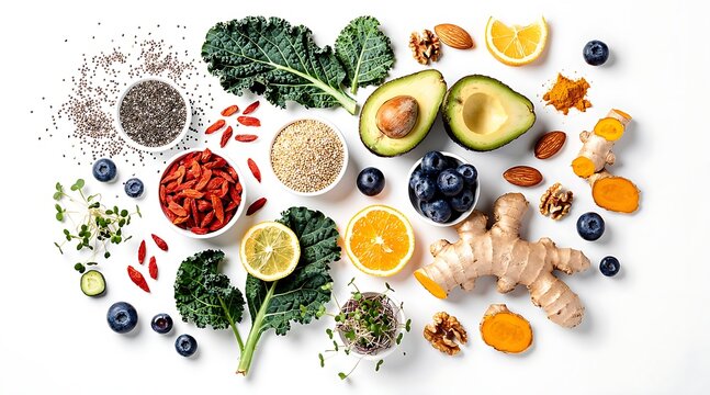 Assortment of Healthy Superfoods and Ingredients Arranged on a White Background.