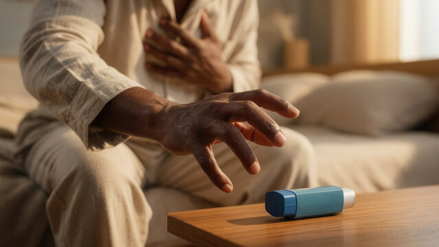 Person reaching for inhaler while clutching chest
