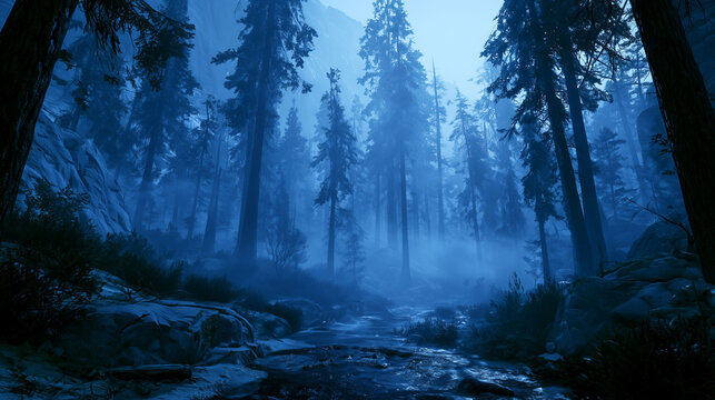 Mystical foggy forest at night with glowing blue light and tall pine trees