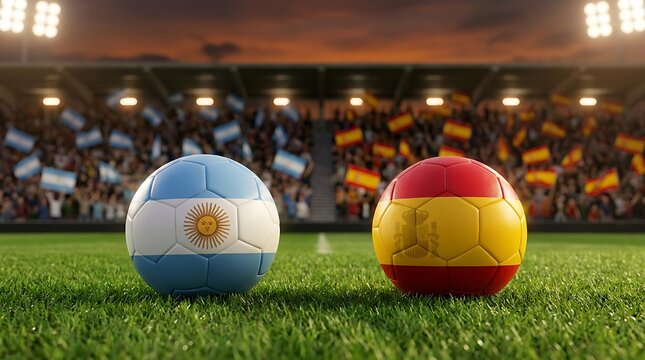Two soccer balls representing argentina and spain nations placed on stadium grass field with bright stadium lights and cheering crowd in background.