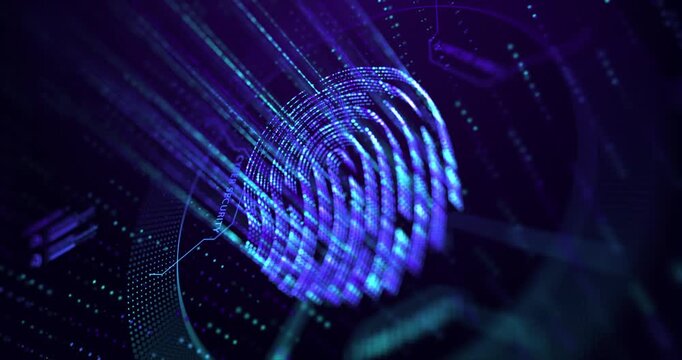 Abstract animation of a glowing digital fingerprint made of data particles on a dark purple cyber security background.