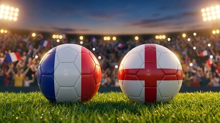 Fototapeta premium Two soccer balls with flags of france and england on a lush green stadium pitch with cheering fans in background sunset sky.