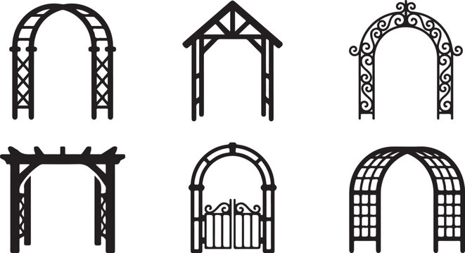 Six different garden archway and trellis designs in black and white Vector