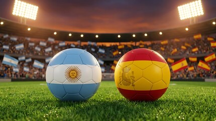 Fototapeta premium Two soccer balls representing argentina and spain nations placed on stadium grass field with bright stadium lights and cheering crowd in background.