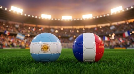Fototapeta premium Two soccer balls representing argentina and france nations placed on stadium grass field with bright stadium lights and cheering crowd in background.