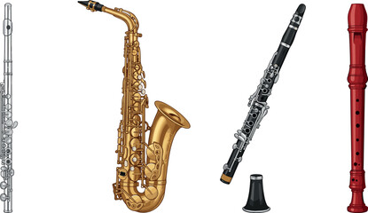 Naklejka premium Woodwind Musical Instruments Vector Set Featuring Silver Concert Flute, Golden Alto Saxophone, Black Clarinet with Bell, and Red Plastic Recorder Icons