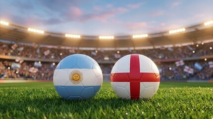 Obraz premium Two soccer balls representing argentina and england nations placed on stadium grass field with bright stadium lights and cheering crowd in background.