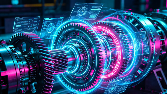 Interlocking glowing gears with holographic technical data in futuristic machinery