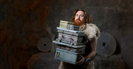 Overworked Caveman Carrying Large Stack Of Heavy Stone Files – Prehistoric Office Work And...