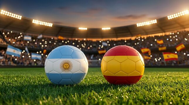 Argentina and Spain soccer balls face off on stadium grass at sunset with blurred crowd and flags, competitive sports match visualization.