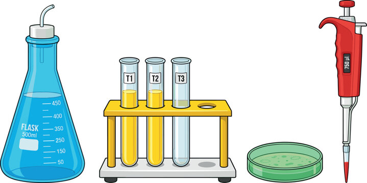 Science Laboratory Research Equipment Vector Set with Blue Erlenmeyer Flask, Test Tubes in Rack, Green Petri Dish Culture, and Red Automatic Micropipette