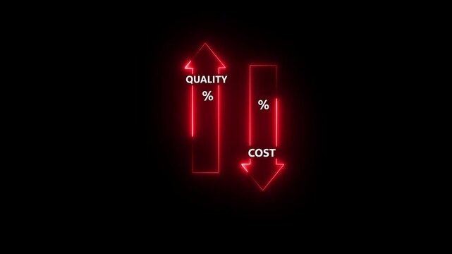 Businessman presenting quality vs cost concept with black background.