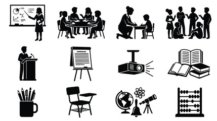 Education and school icon set, black silhouette classroom learning symbols, teacher and student vector illustrations for academic infographics © Fahad