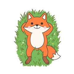 Fototapeta premium Cute Fox Relaxing on Grass Cartoon Sticker Illustration