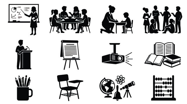 Education and school icon set, black silhouette classroom learning symbols, teacher and student vector illustrations for academic infographics