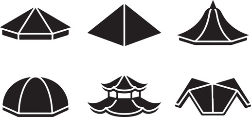 Six stylized tent and roof structure icons in black and white Vector © Sazid