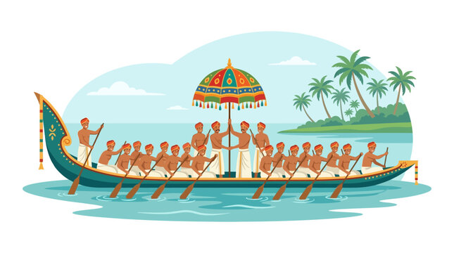 Indian snake boat race with rowers and ornate umbrella, tropical backdrop
