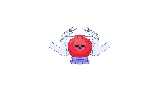Fortune teller crystal ball with skull prediction 2D cartoon animation. Dark prophecy. Supernatural vision. Occult practice animated flat colorful object 4K video isolated on transparent background
