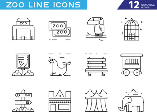 Zoo icon set in outline style. Collection of zoo entrance, parrot, birdcage, polar bear, train, signpost, circus tent, and elephant icons. Editable stroke. Vector icon collection.