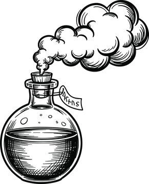 Hand drawn black ink sketch magic potion glass bottle flask emitting large cloud of swirling toxic smoke vapor