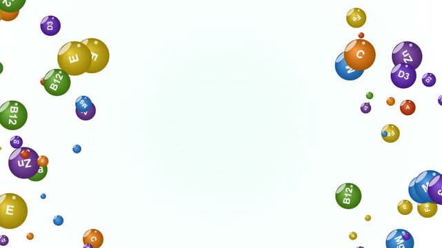 Essential Vitamins and Minerals Spheres. A clean, animated loop of floating nutrient orbs on a light background. Perfect for medical, healthcare, and wellness motion graphic projects
