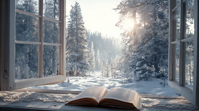 A cozy winter scene: open window framing a snow-covered forest, with an open book resting peacefully on the windowsill