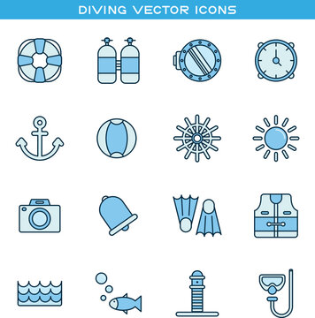Diving icon set in flat color style. Collection of lifebuoy, scuba tank, anchor, beach ball, camera, diving mask, flippers, and life jacket icons. Vector icon collection.
