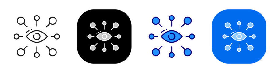 Obraz premium Eye connected to nodes for monitoring network visibility and data observation. Line, filled, black, color set. Editable stroke