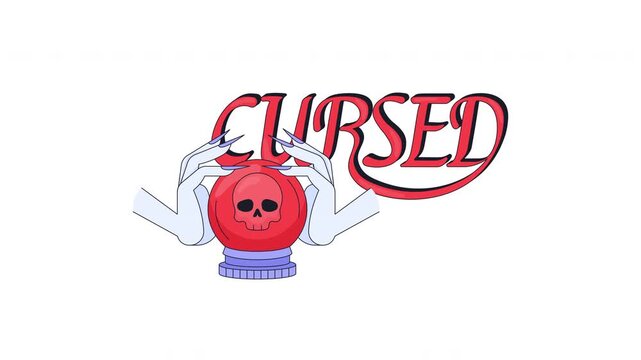 Cursed internet reaction 2D animation. Crystal ball with skull and eerie hands. Spooky vibe. Bad omen. Dark magic. Haunted fantasy. Gen z slang word animated overlay. Cartoon motion graphic