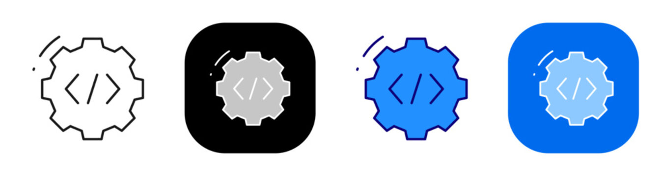 Gear with code for software development automation and programming process. Line, filled, black, color set. Editable stroke