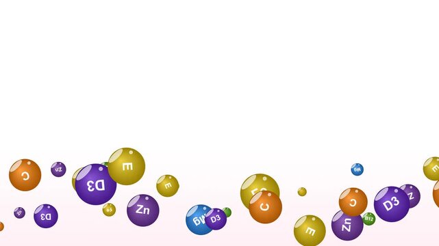 Vitamins and Minerals Floating Spheres. A clean motion graphic showing essential nutrients like zinc, iron, and magnesium rolling on a white background. Ideal for healthcare or medical projects