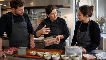 Fototapeta premium Butchery training with apprentices in professional meat workshop