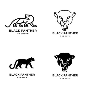 Four distinct black panther logo designs, vector illustration set with walking full body and fierce roaring head icons, ideal for premium branding.