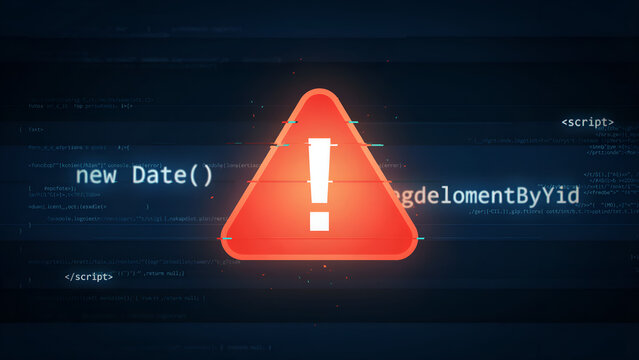 Red warning triangle with an exclamation mark over dark blue background, with computer code, and programming script, text representing system errors